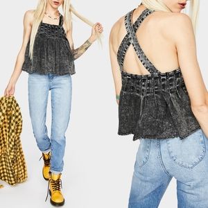 Free People NWT Marina Black Denim Pleated Babydoll Top Small